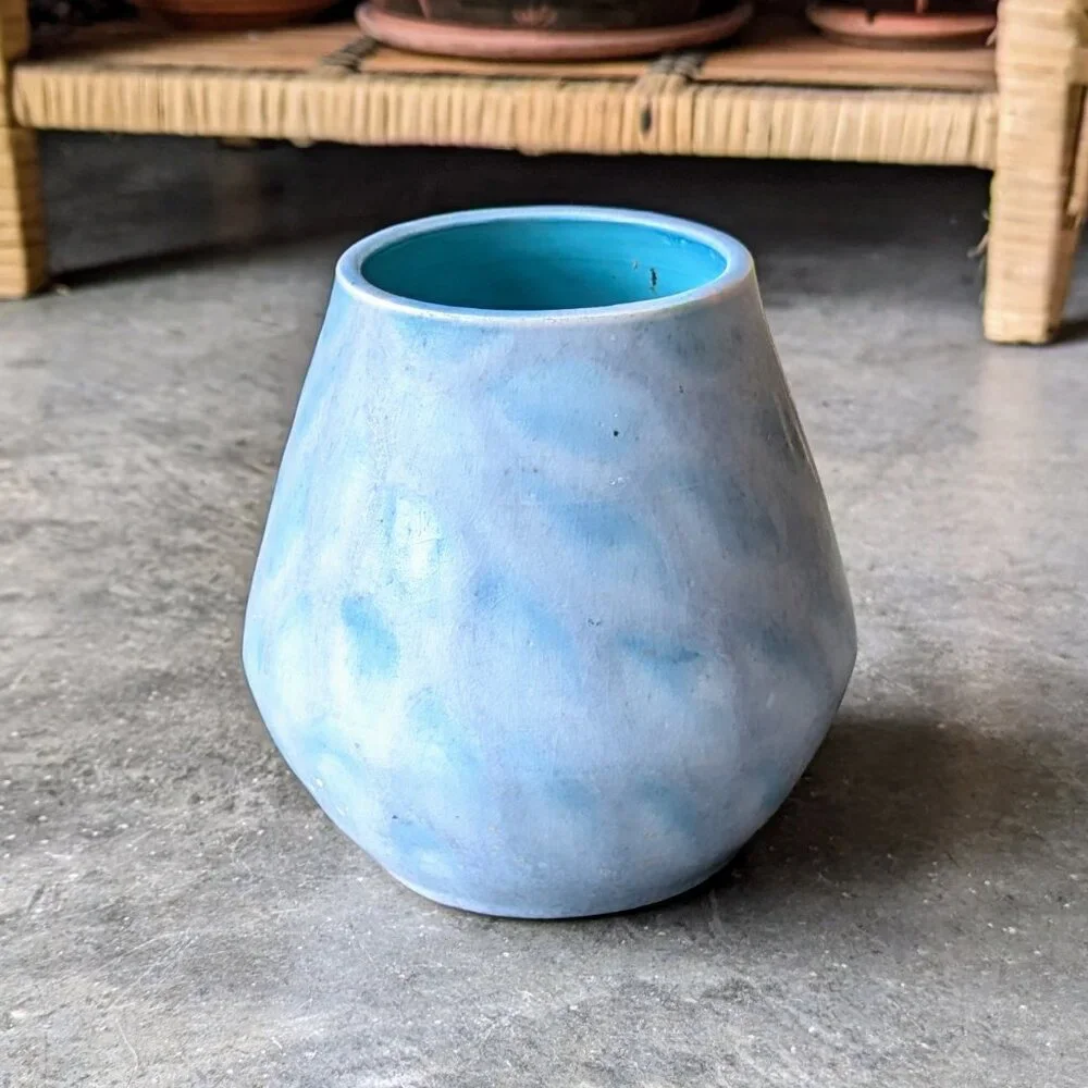 Vintage Cottagecore Shabby Chic Blue Painted Wide Mouth Ceramic Vase